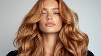 Young redhead woman with freckles and voluminous wavy strawberry blonde hair against gray background, natural makeup and glowing skin for beauty and haircare advertising.
