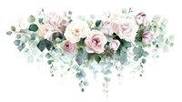 Delicate watercolor floral arrangement with blush pink roses and sage green eucalyptus leaves in soft pastel tones, creating romantic botanical composition.