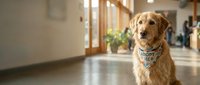 Golden retriever dog wearing harness sitting on kitchen floor in modern home interior with natural lighting and wooden cabinets for pet care concepts.