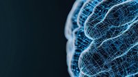 Glowing blue wireframe brain structure against dark background shows neural networks and cognitive processes in modern medical visualization style.