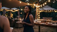 Young African American woman enjoying outdoor dinner party with string lights and festive atmosphere in backyard gathering celebration.