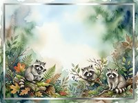 Watercolor illustration of three raccoons surrounded by lush foliage, wildflowers, and ferns in natural woodland setting. Isolated on white background, ready for design use.