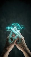 Hands holding glowing brain with audio waveforms and signal extraction text on dark background, representing noise reduction and digital technology for audio processing and sound engineering applications.
