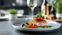 Grilled white fish fillet garnished with fresh herbs, cherry tomatoes and olives on elegant plate. Restaurant quality seafood dish with wine glass in background.