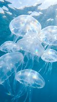 Translucent jellyfish floating gracefully in deep blue ocean water with ethereal light rays and bubbles creating magical underwater marine scene.