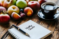 Fresh apples scattered on rustic wooden table with coffee cup and open notebook for healthy goals planning, morning wellness routine composition in natural light.