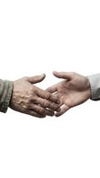 Two hands reaching toward each other in caring gesture, elderly wrinkled hand meeting younger smooth hand, isolated on white background for support concepts.