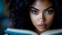 Young African American woman with curly hair reading book with intense blue eyes and dramatic lighting for education and literature concepts.