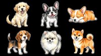 Cute dog breeds collection featuring golden retriever, french bulldog, corgi, beagle, pomeranian and shiba inu sitting and standing poses isolated on transparent background ready for t-shirt designs, stickers and print-on-demand products.
