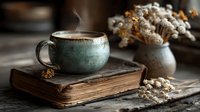 Steaming hot coffee in rustic ceramic mug on vintage wooden book with dried flowers creating cozy autumn morning atmosphere for cafes and lifestyle brands.