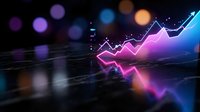 Glowing neon stock market growth chart with pink and blue lines rising upward on dark background with bokeh lights, symbolizing financial success.