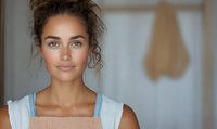 Young mixed race woman with curly hair in apron and casual attire smiling at camera against blurred kitchen background, natural makeup and confident expression.