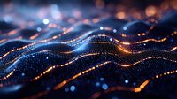 Abstract digital waves with glowing orange and blue particles flowing in dark space creating dynamic network visualization pattern. Futuristic technology concept.