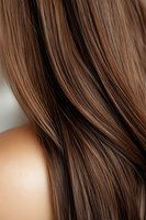Close-up of smooth, shiny brown hair with natural highlights flowing over woman's shoulder, showcasing healthy texture and color.