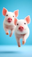 Two adorable pink piglets jumping together against blue background, showing their sweet snouts and perky ears. Playful farm animals in motion.