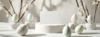 Minimal Easter composition with decorated eggs in mint and white colors, ceramic podium and blank card mockup on light background with spring branches.