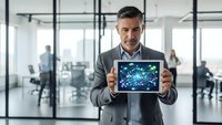 Confident middle-aged Caucasian businessman in gray suit displaying tablet with digital network interface in modern glass office environment.