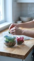 Person holding fresh broccoli over clear storage containers with vegetables and grains on wooden kitchen counter near window, food organization and meal prep.