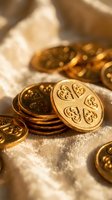 Stacked golden coins with ornate heart patterns on cream fabric, symbolizing wealth, savings, and financial prosperity for business and investment concepts.