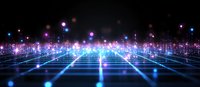 Futuristic digital grid landscape with glowing blue light trails and purple bokeh effects against dark background, creating modern technological perspective.