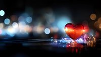 Glowing red heart shape with magical sparkles and light reflections on dark background with bokeh lights, romantic atmosphere for Valentine designs.