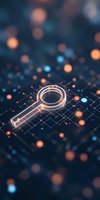 Glowing digital key icon on circuit pattern background with orange and blue bokeh lights, representing cybersecurity and data protection concepts.