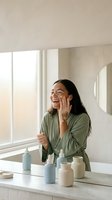 Happy young Hispanic woman applying skincare cream in modern bathroom with natural light and cosmetic products on counter for morning routine.