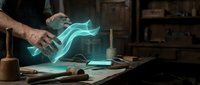 Hands manipulating glowing turquoise energy waves over wooden workbench with tools, representing magic, innovation, and creative power for digital art and design projects.