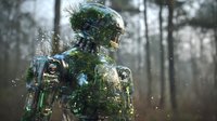 Futuristic robot with forest elements integrated into metallic body standing in misty woodland, representing harmony between technology and nature.