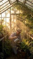 Middle-aged Caucasian male gardener watering plants in sunlit greenhouse with golden hour light streaming through glass panels creating warm atmospheric glow.