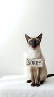 Siamese cat with blue eyes holding sorry sign around neck, sitting on white surface against neutral background for apology concepts.
