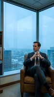 Confident businessman in dark suit sitting in leather chair with hands steepled, contemplating strategy in modern office with panoramic city view through windows.