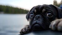 Black pug resting on dock by calm lake with blurred forest background, peaceful outdoor pet portrait for animal lovers and nature themes.