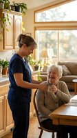 Caring nurse in blue scrubs assisting elderly woman with medication at home. Healthcare professional providing compassionate senior care in warm kitchen setting.