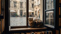 Tabby cat resting on wooden windowsill overlooking European cobblestone plaza with historic stone buildings and street lamps, warm afternoon light casting shadows on architecture.