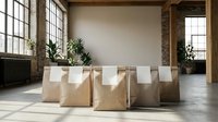 Modern industrial loft interior with brown paper shopping bags arranged on concrete floor, exposed brick walls, large windows with natural light.