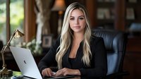 Professional blonde businesswoman working on laptop in modern office environment with confident expression and executive chair.
