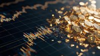 Golden coins scattered on financial chart with market data visualization showing trading analysis and investment growth trends on dark background.