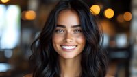 Young woman with bright smile, long dark wavy hair and blue eyes looking at camera against blurred warm bokeh background, beauty and lifestyle portrait.