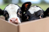Curious Holstein calves peek over edge of cardboard box, showing sweet black and white faces and pink noses against blurred green background.
