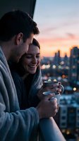 Couple enjoying warm beverages together on urban rooftop at sunset, sharing intimate moment with cityscape and golden hour lighting in background.