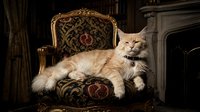 Fluffy ginger and white long-haired cat lounging on ornate golden baroque chair with dark patterned upholstery in luxurious vintage interior setting.
