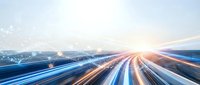 Futuristic high-speed motion blur with glowing blue and orange light trails, digital network connections, and bright horizon for technology concepts.