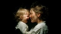 Tender moment between mother and child with foreheads touching against dark background, conveying love and emotional connection.