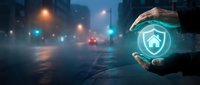 Hand holding glowing home security shield icon over rainy urban street at night, representing digital protection and smart home technology for residential safety.