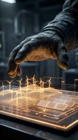 Futuristic hand with glowing circuit patterns hovering over holographic renewable energy display with wind turbines and solar panels in dark tech environment.