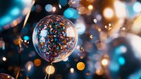 Transparent balloon filled with colorful confetti floating against blurred bokeh lights background creating magical festive atmosphere for celebration events.