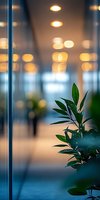Modern office interior with green plant in foreground and soft bokeh lights, creating atmospheric business environment for corporate and workplace designs.