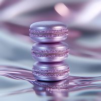 Stack of metallic purple macarons with glittery filling on reflective surface with soft bokeh background, creating luxurious and dreamy atmosphere.