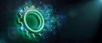 Glowing green gear wheel with digital circuit patterns and blue energy effects on dark technological background for industrial automation concepts.